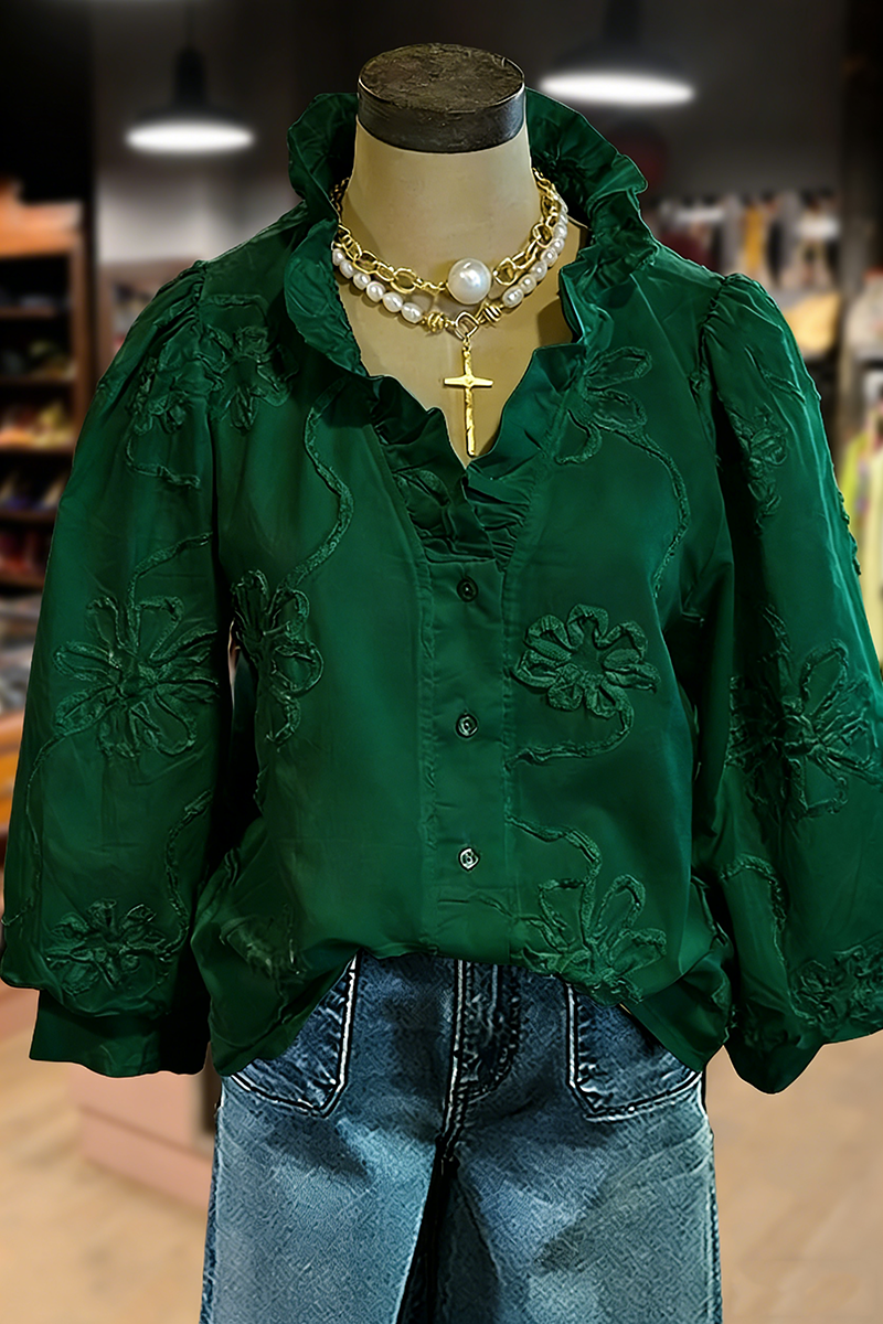 🔥🔥🔥🔥Embroidered Flower Ruffle Neck Puff Sleeve Top(BUY 2 FREE SHIPPING)