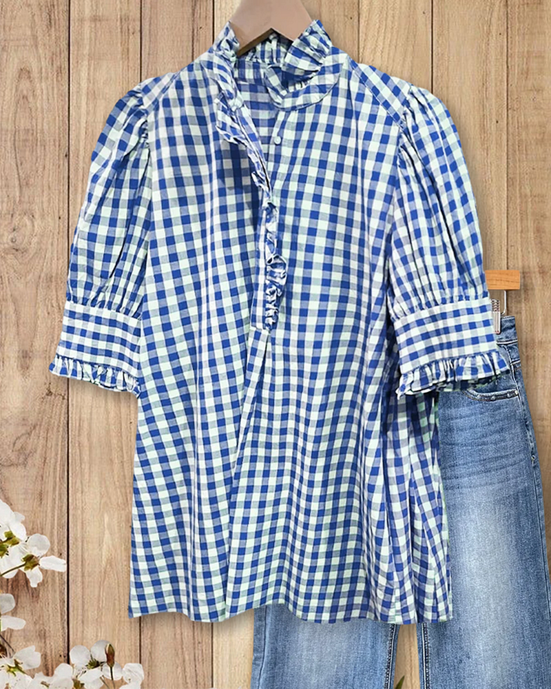 🔥🔥🔥🔥Grid Smart Ruffles Trim Puff Sleeve Blouse(BUY 2 FREE SHIPPING)