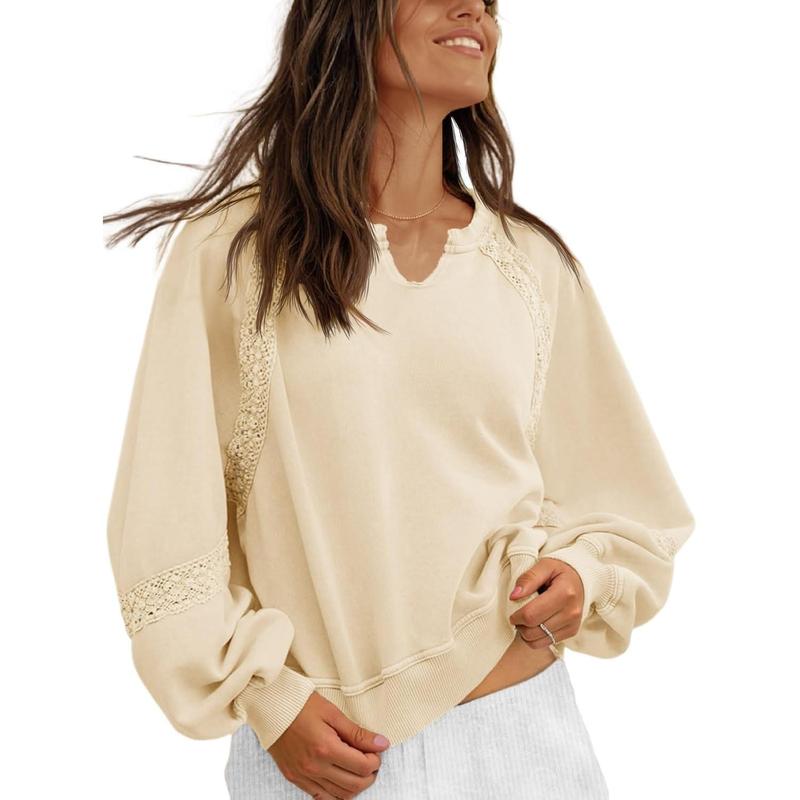 Womens Casual Sweatshirt Oversized Lantern Long Sleeve V Neck Lace Loose Fit Fall Pullover Tops(buy 2 free shipping)