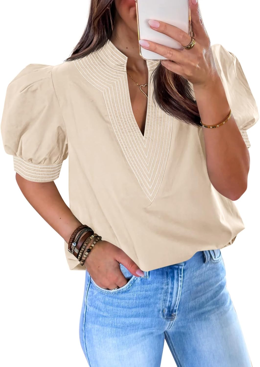 Womens Puff Short Sleeve Blouses V Neck Tops Loose Fit Tee Shirts