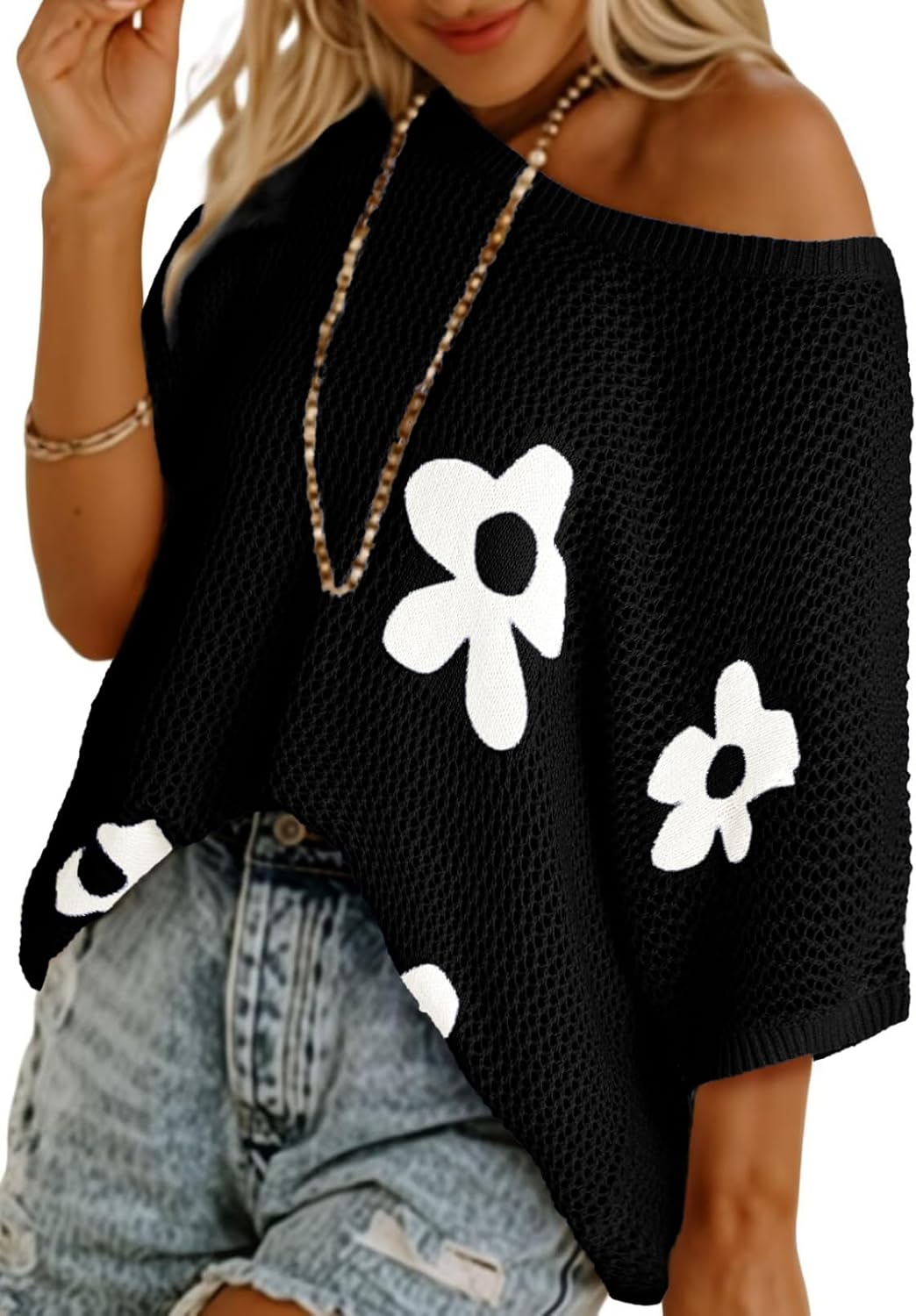 HOT SALE-Women's Floral Short Sleeve Crocheted Cover-Up