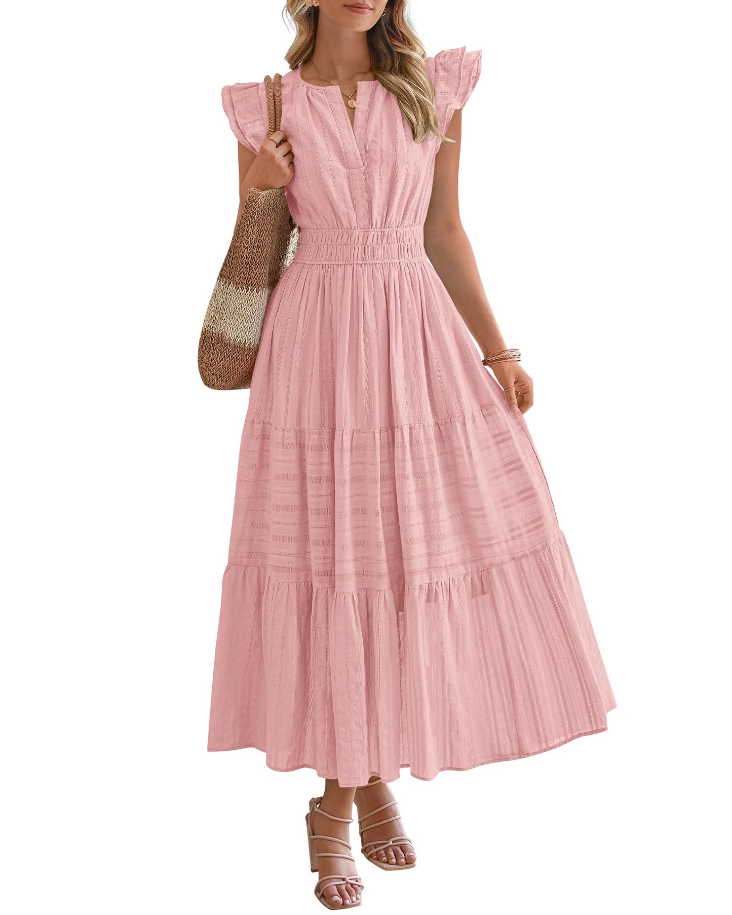 Dresses for Women Spring 2026 Maxi Casual Dress Flutter Short Sleeve V Neck(BUY 2 FREE SHIPPING)