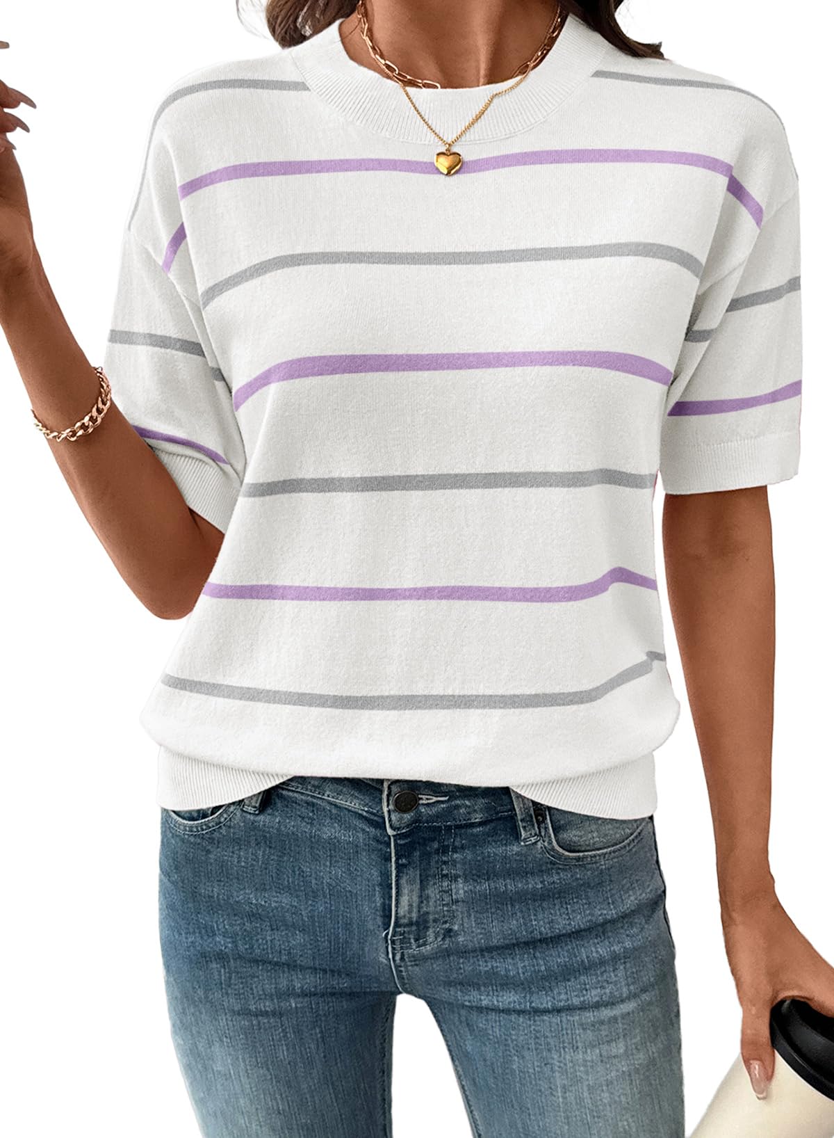Womens Tops Crewneck Short Sleeve Sweater Pullover Knit Striped Shirt