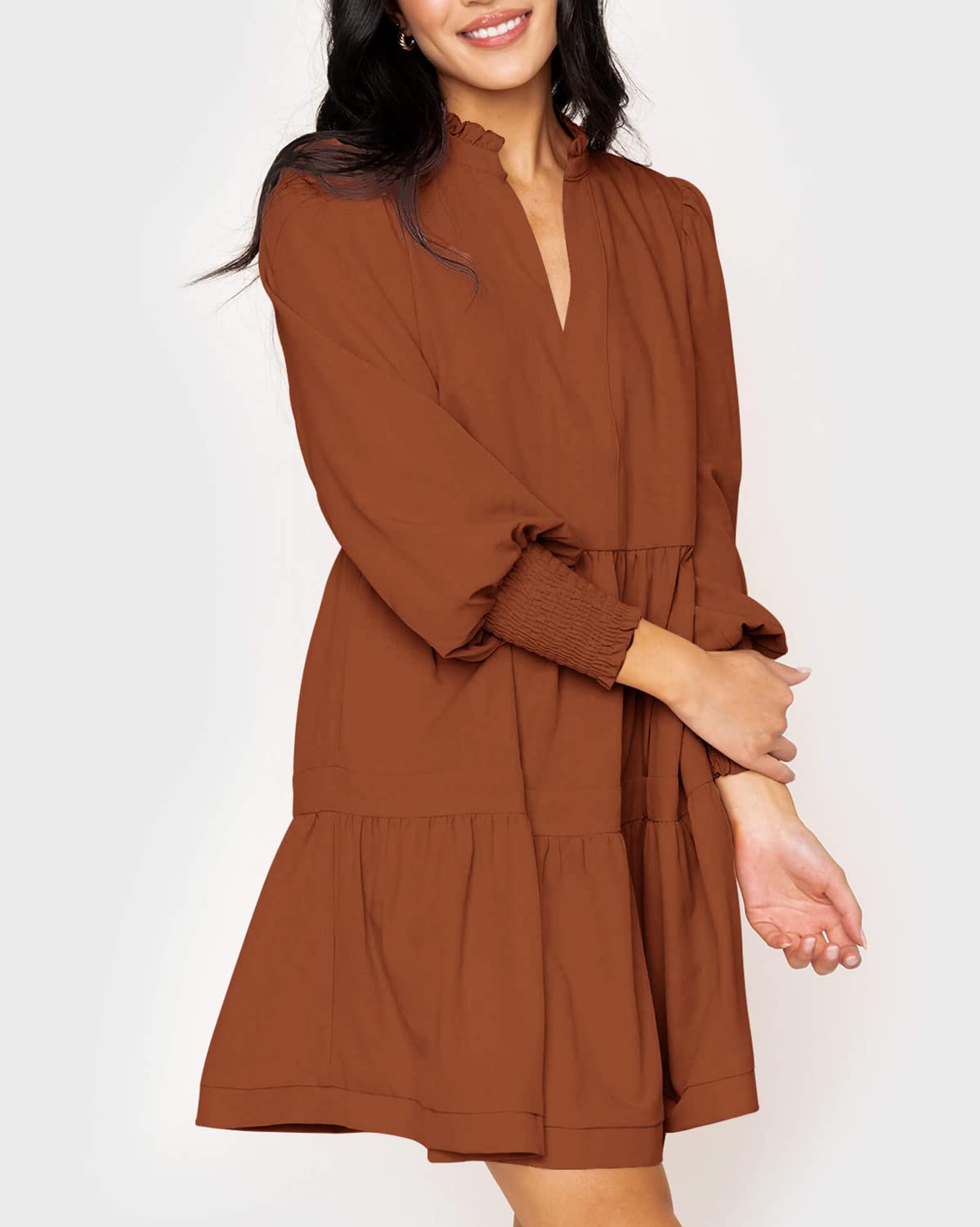 Women's Casual V Neck Fall Long Sleeve Loose Ruffle Tiered Dress(BUY 2 FREE SHIPPING)