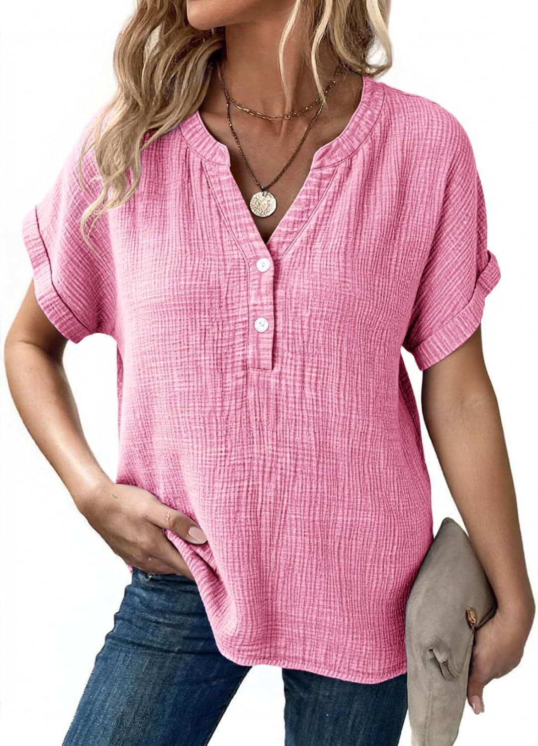 Loose-Fit V-Neck Textured Short-Sleeve Top with Buttons(BUY 2 FREE SHIPPING)