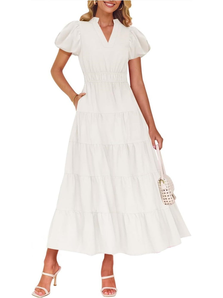 Tiered Dress with Puff Sleeves and Cinched Waist(BUY 2 FREE SHIPPING)