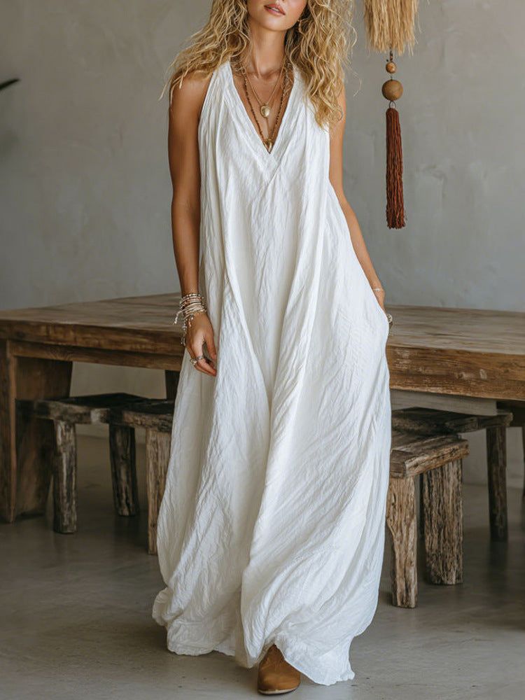 Solid color loose V-neck sleeveless casual long dress(BUY 2 FREE SHIPPING)