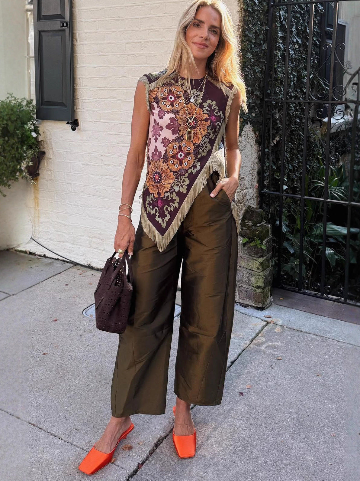Unique retro floral print tassel vest