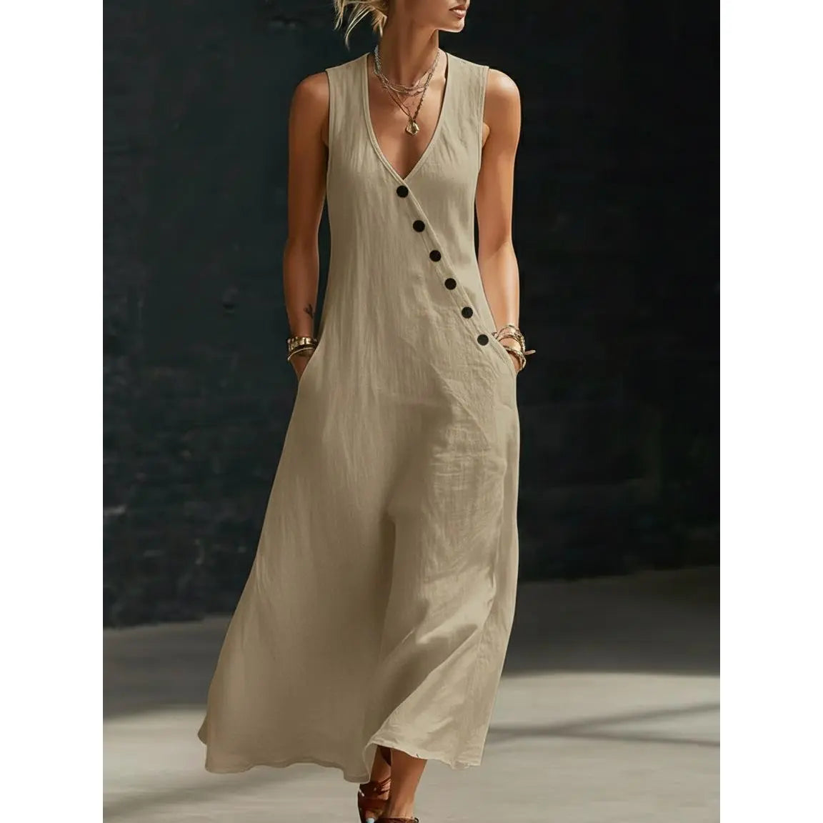 Women's Sleeveless V-Neck Button-Front Linen Dress