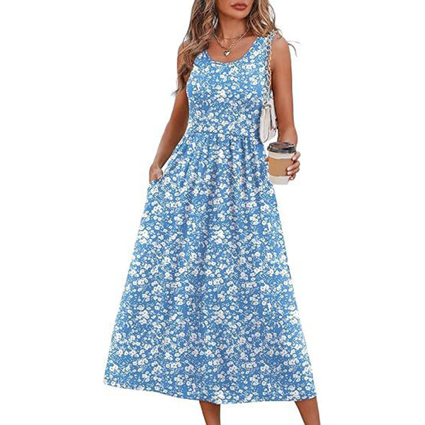2026 Summer Women's Sleeveless Printed Vest Dress with Pockets