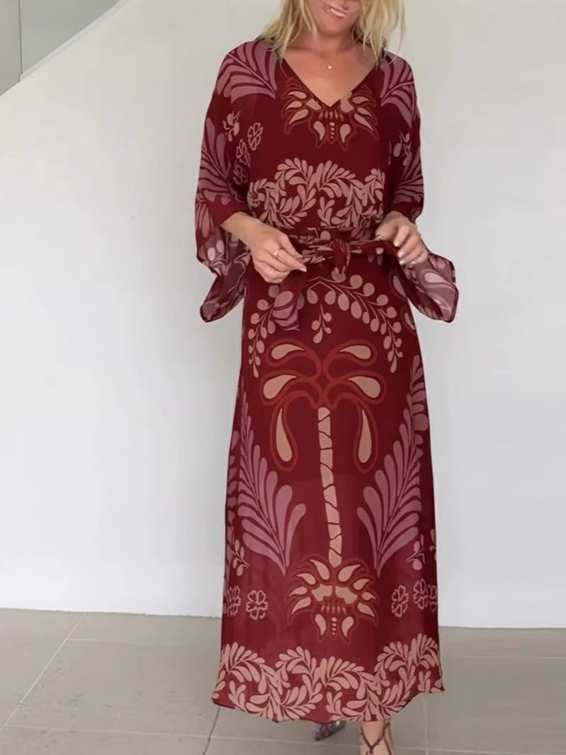 Bohemian Print Loose-fitting Slit Maxi Dress