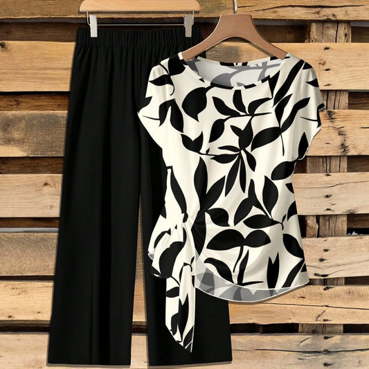 Women's round neck printed short-sleeved knotted top and wide-leg trousers suit