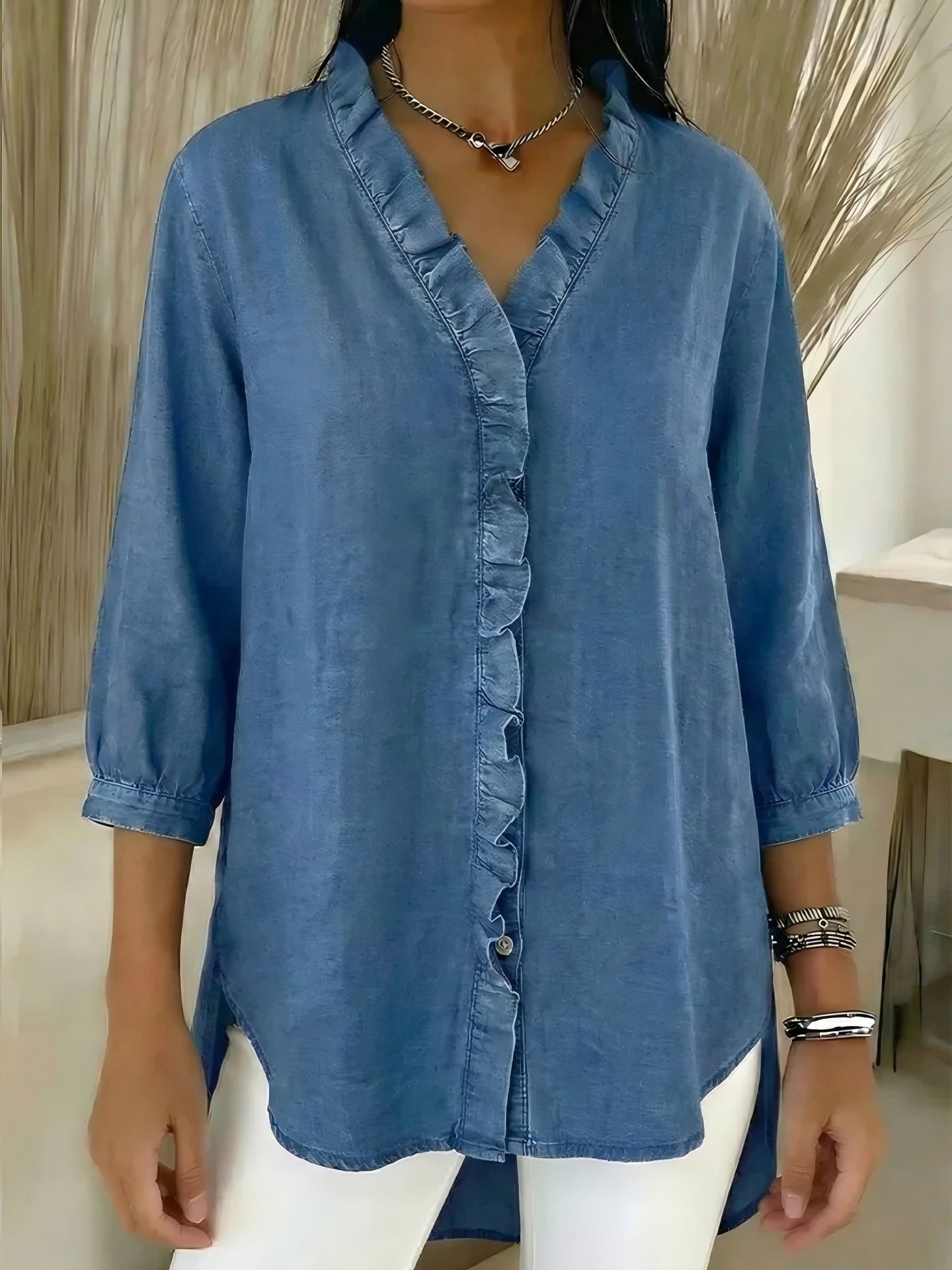 ✨Women's Casual Denim V-Neck Ruffled Shirt(BUY 2 FREE SHIPPING)