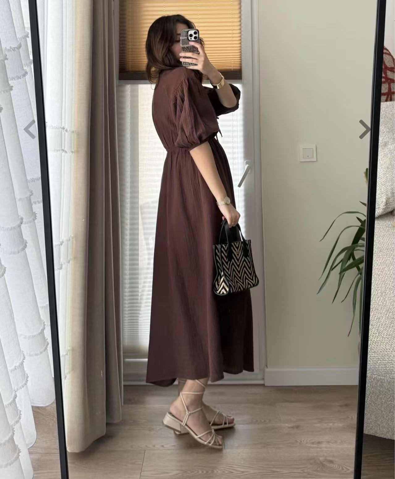 Solid color V-neck puff sleeve short-sleeved slimming A-line dress(BUY 2 FREE SHIPPING)