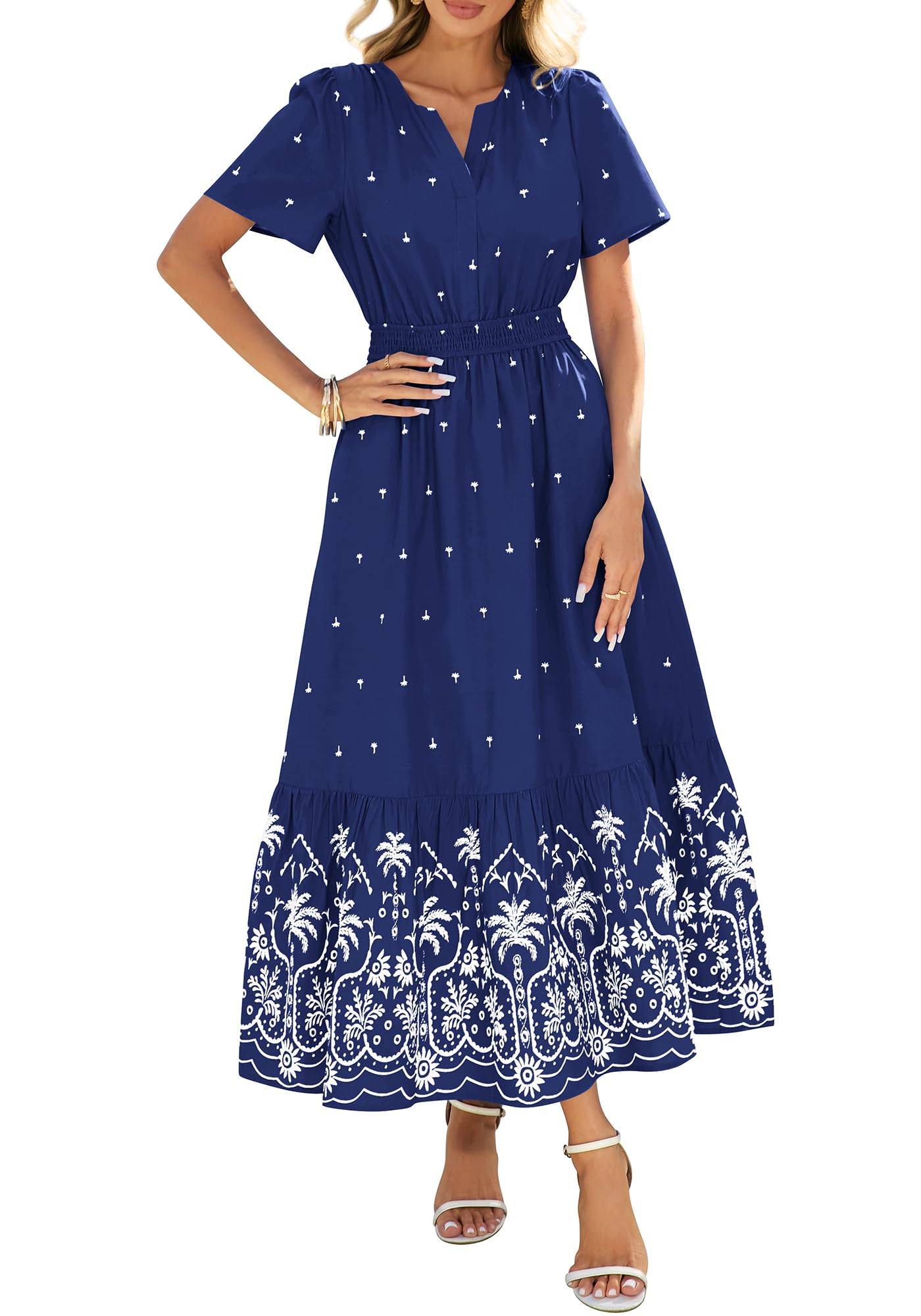 Womens Casual Short Sleeve Elastic Waist Flowy Beach Vacation Floral Boho Maxi Dress