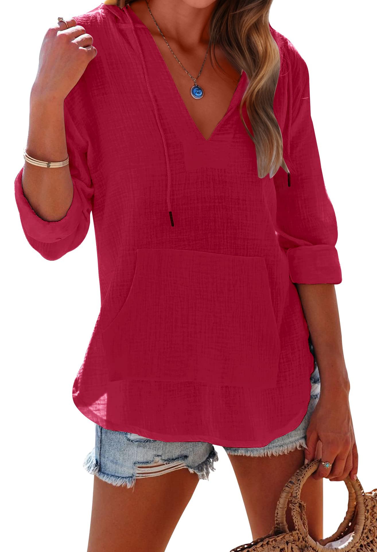 Women's Long Sleeve V Neck Pocketed Hooded Shirt Top
