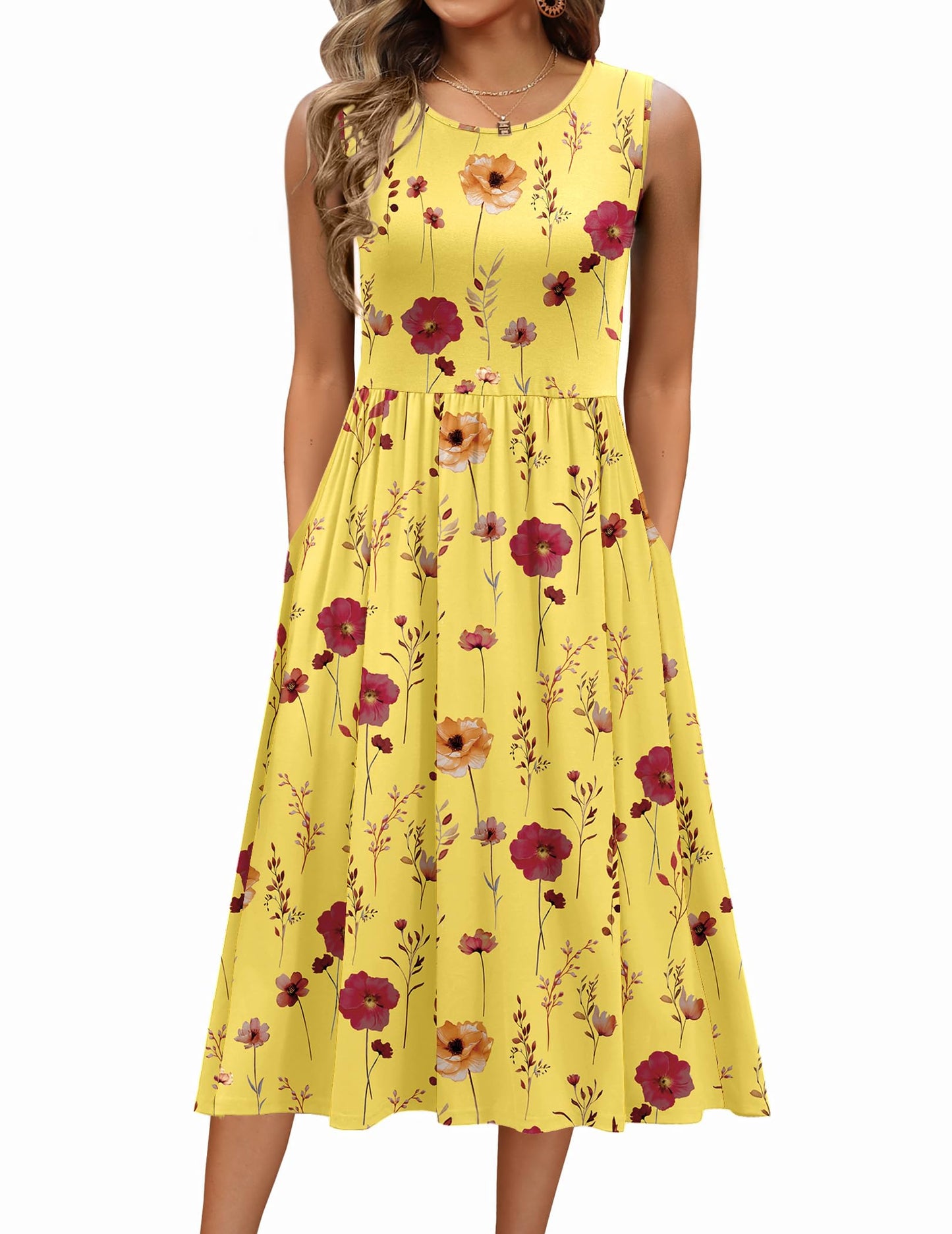 Women's Summer Floral Sleeveless A-Line Tank Midi Dress with Pockets