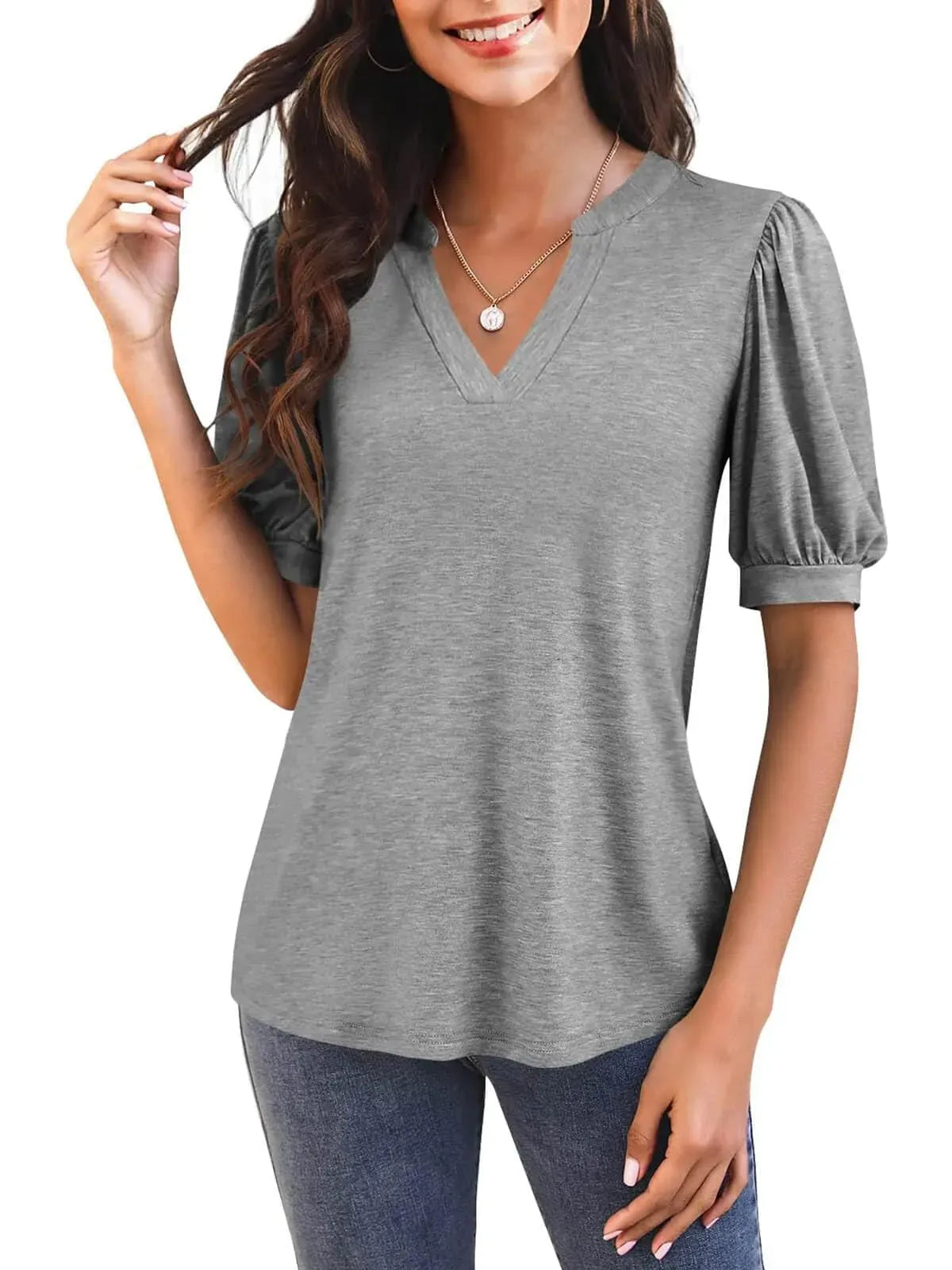 Women's Casual V-neck Solid Color Puff Sleeve Loose T-Shirt