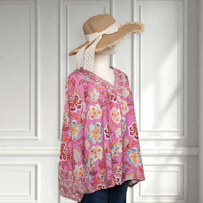 Women's floral print V-neck long puff-sleeved shirt(buy 2 free shipping)