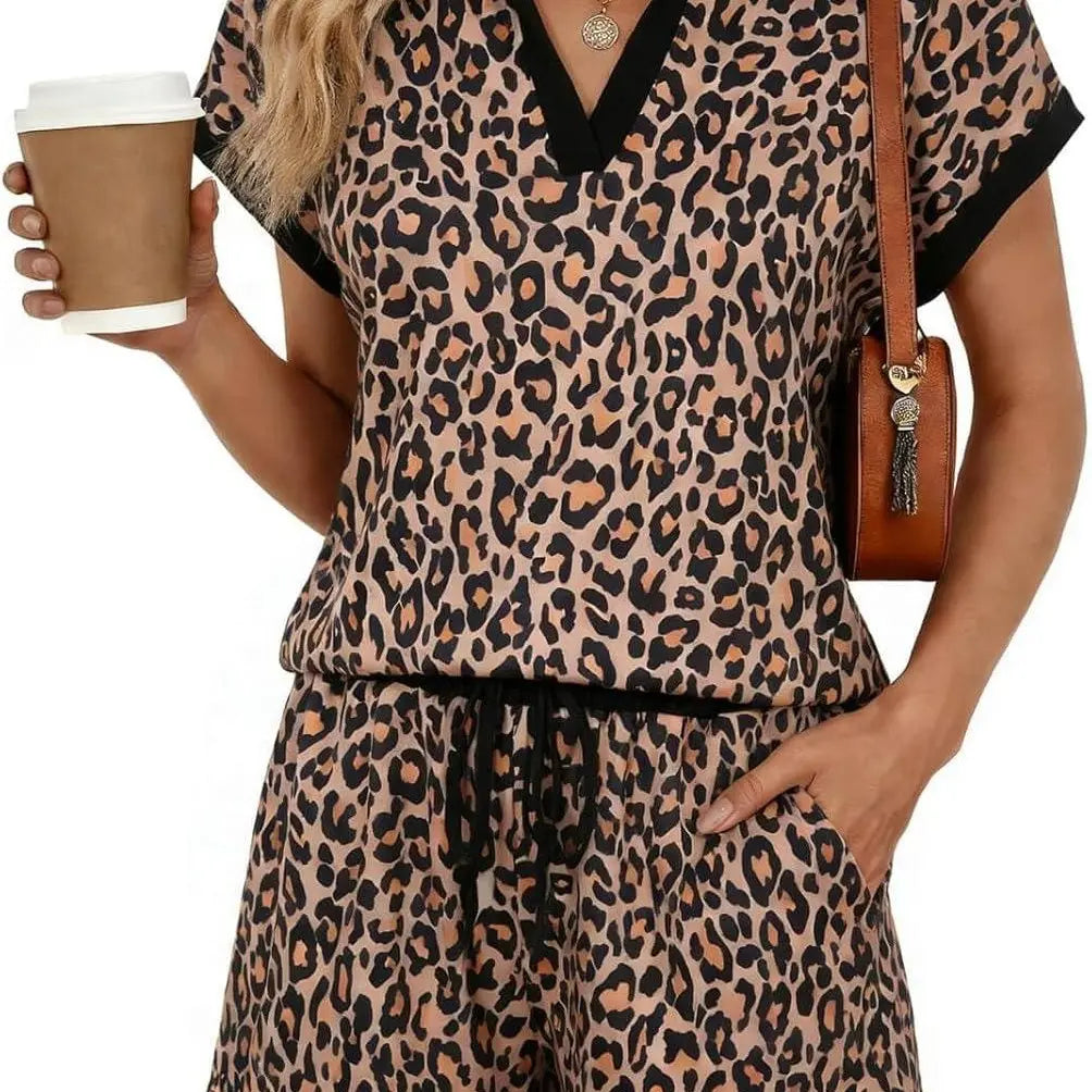 Women's Short Sleeve V-Neck Collared Top and Drawstring Shorts Set(Buy 2 Free Shipping)