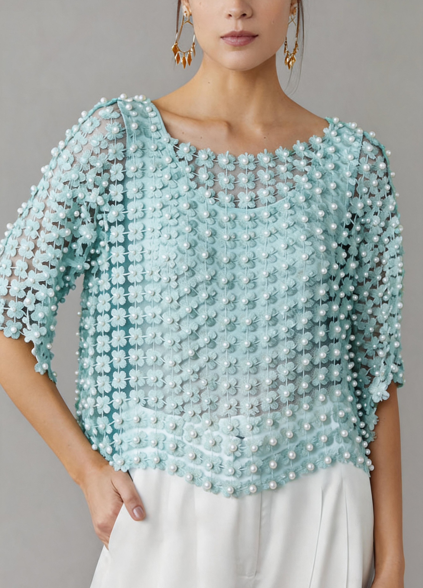 Pearl Detail Crochet Top(BUY 2 FREE SHIPPING)