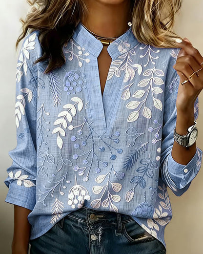 Vintage Botanical Leaf Print Notch Collar Long Sleeve Blouse
