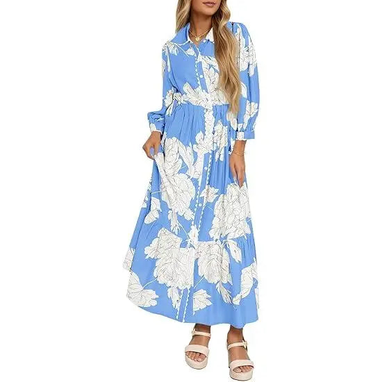 Women’s Maxi Shirt Dress Casual Floral Collared 3/4 Long Sleeve Drawstring Waist Fall Button Down Dresses