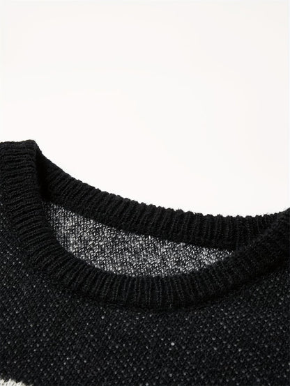 Cartoon Cat Round Neck Long Sleeve Sweater Preppy Style