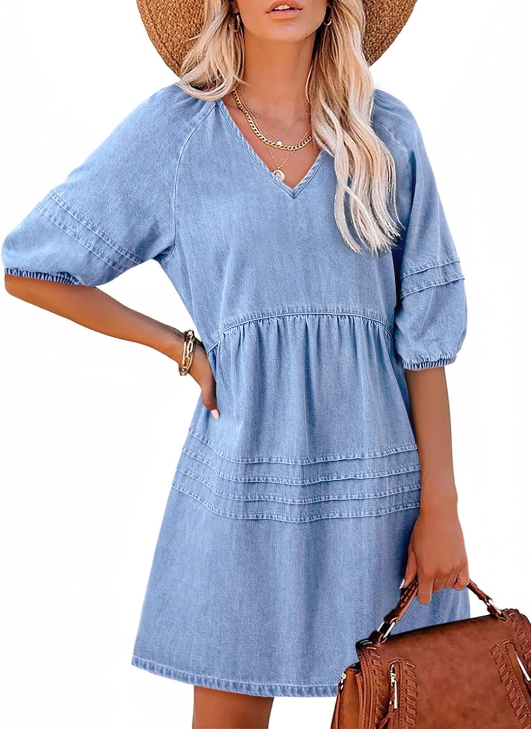 Women Casual V Neck Puff Short Sleeve Denim Dress(BUY 2 FREE SHIPPING)