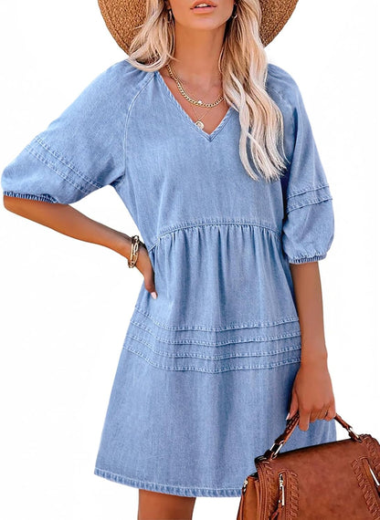Women Casual V Neck Puff Short Sleeve Denim Dress(BUY 2 FREE SHIPPING)