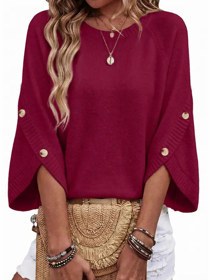 Women Crew Neck Split Button 3/4 Sleeve Oversized Knit Pullover