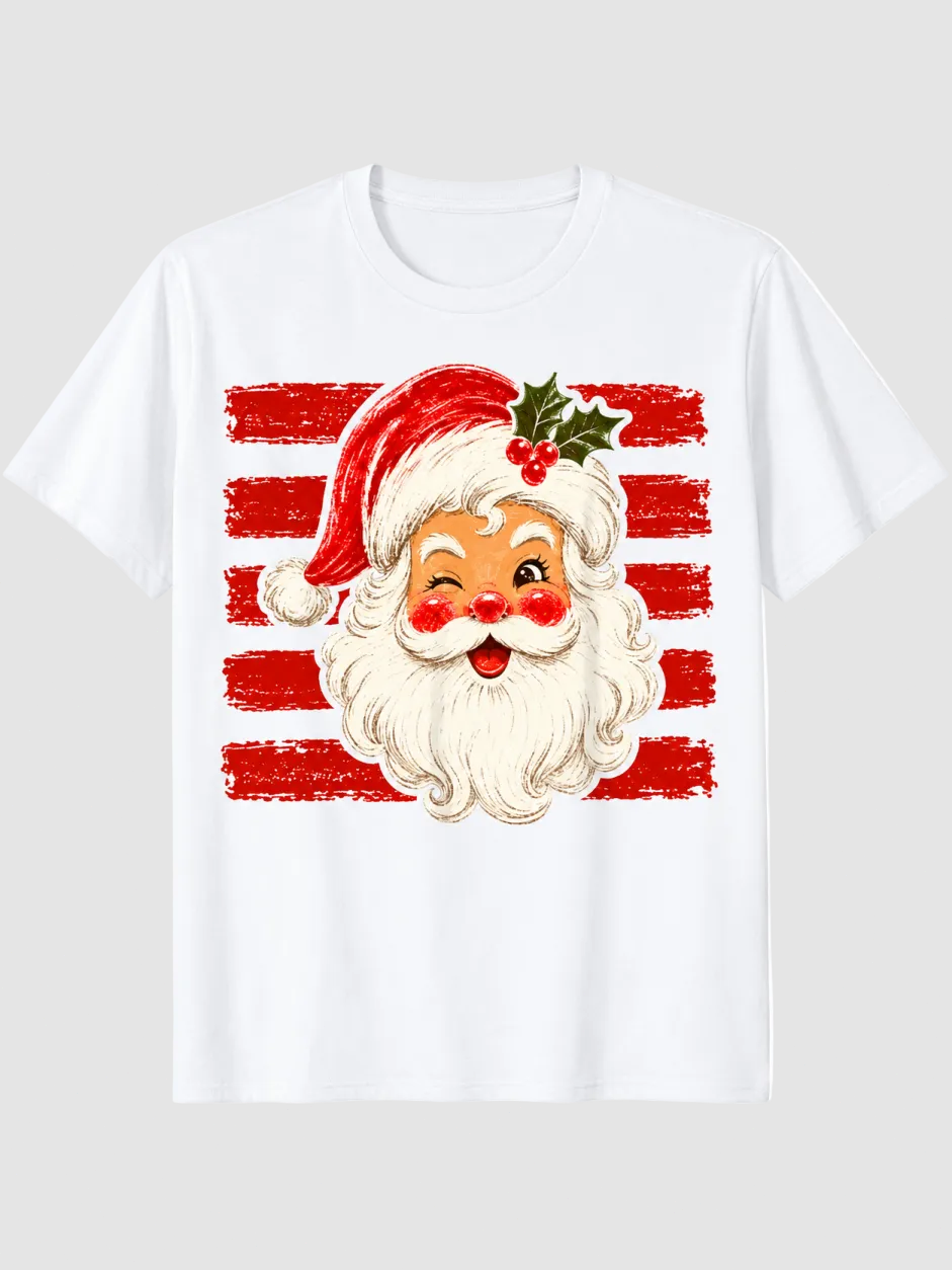 Vintage Christmas Santa Print Casual Short Sleeve Top