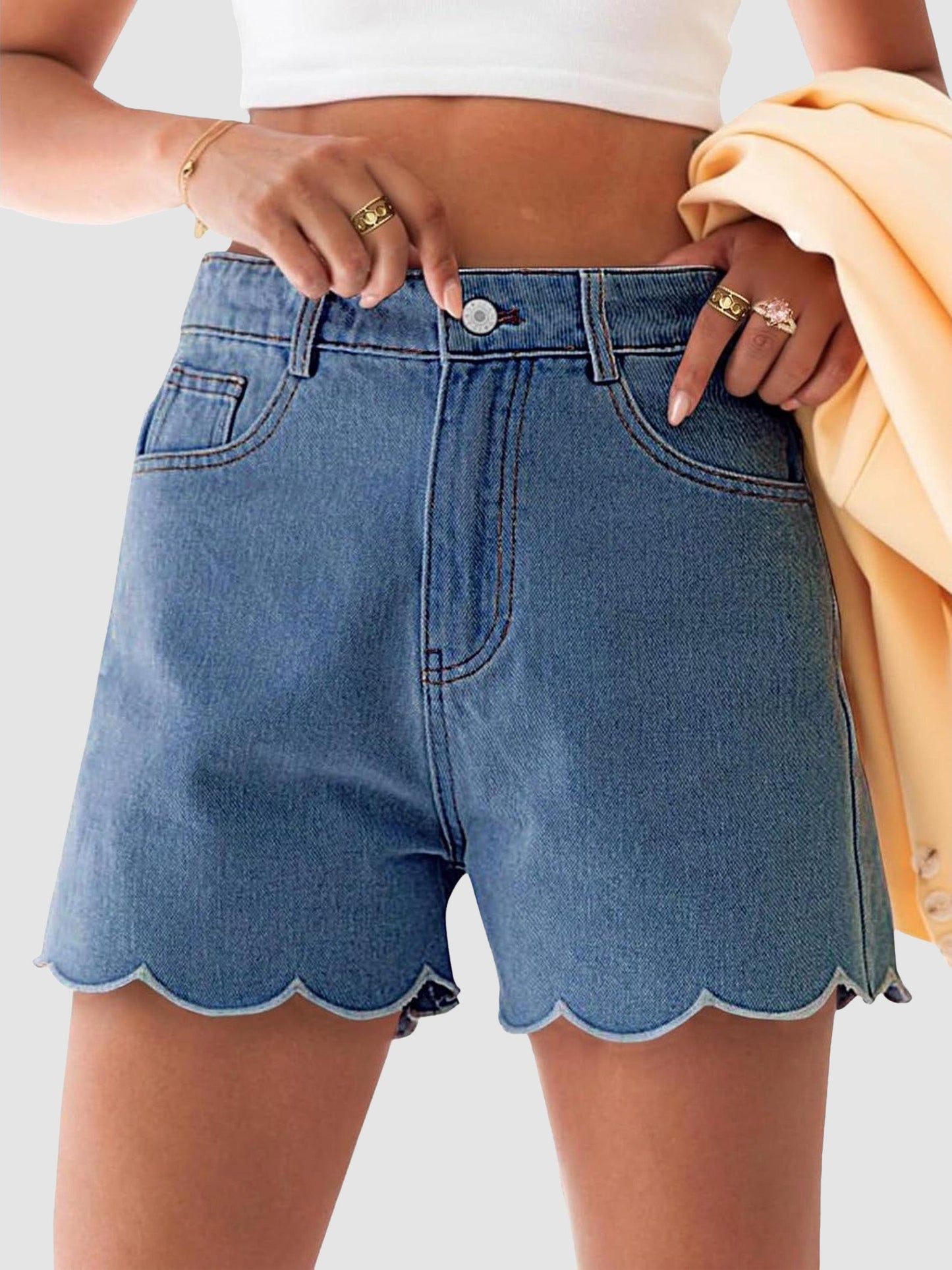 Women's High Waist Scalloped Hem Denim Shorts