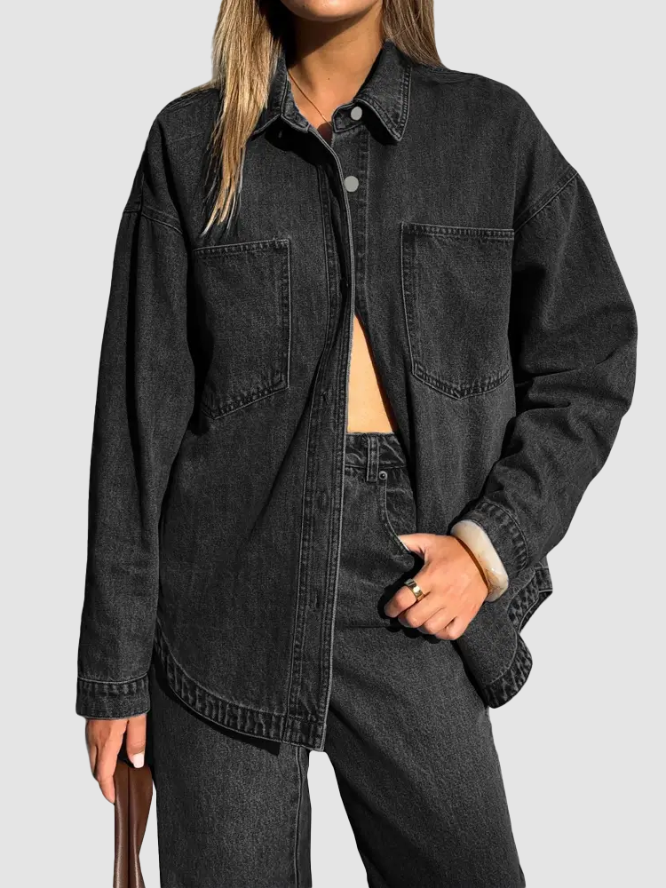 Women’s Relaxed Denim Shirt Jacket With Pockets & Curved Hem