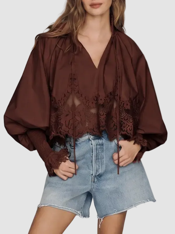 Hot Sale-Lace Inset Puff Sleeve Tie V Neck Blouse For Women