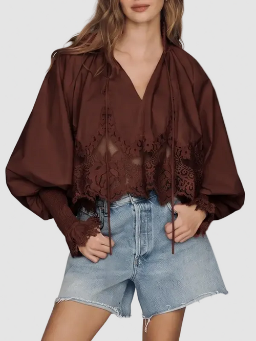 Hot Sale-Lace Inset Puff Sleeve Tie V Neck Blouse For Women