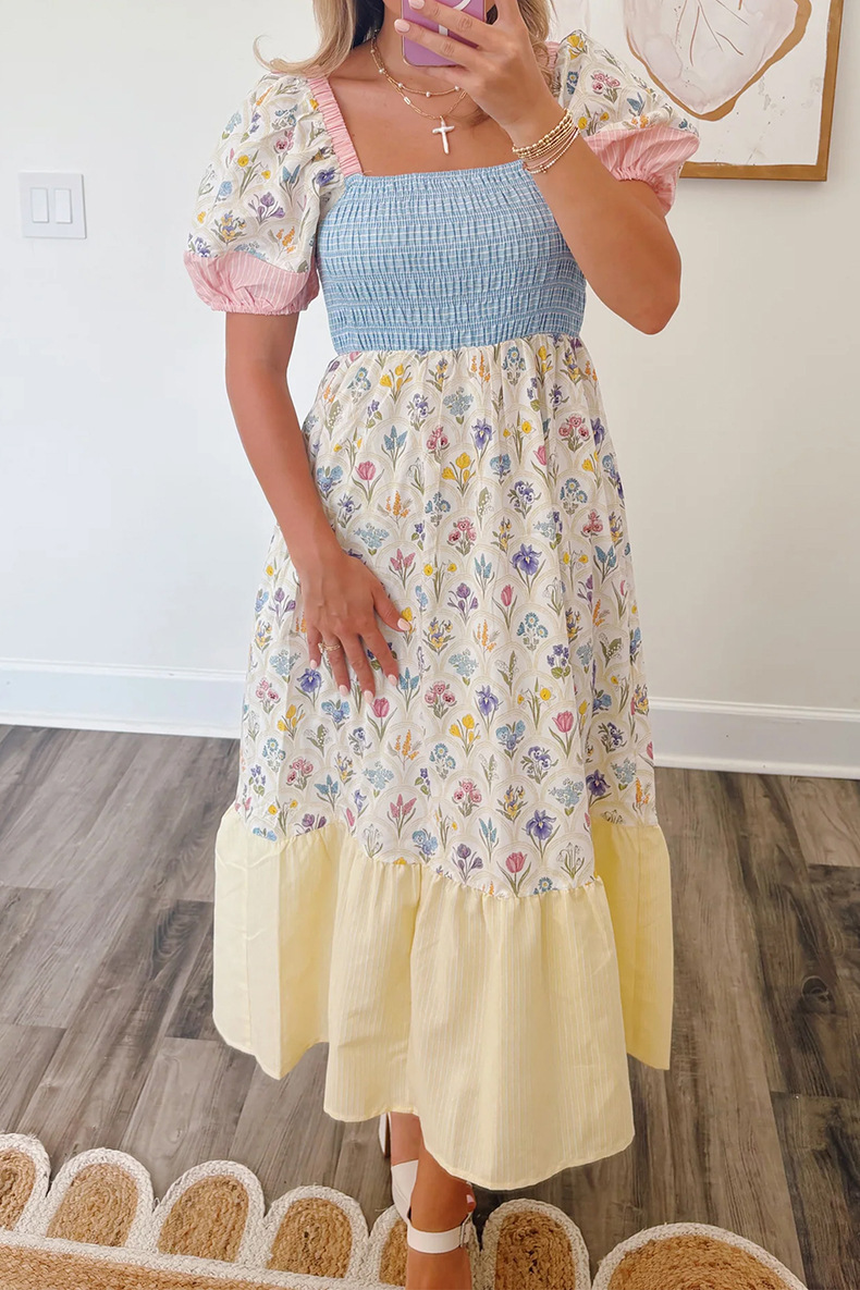 Women's Mixed Print Smocked Tiered Midi Dress