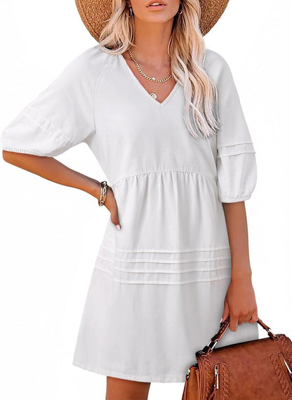 Women Casual V Neck Puff Short Sleeve Denim Dress(BUY 2 FREE SHIPPING)