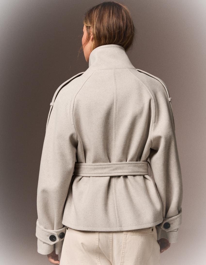 Women's Funnel Neck Double Breasted Short Trench Coat