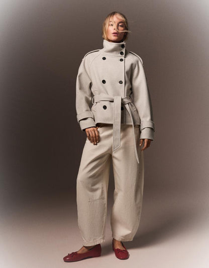 Women's Funnel Neck Double Breasted Short Trench Coat