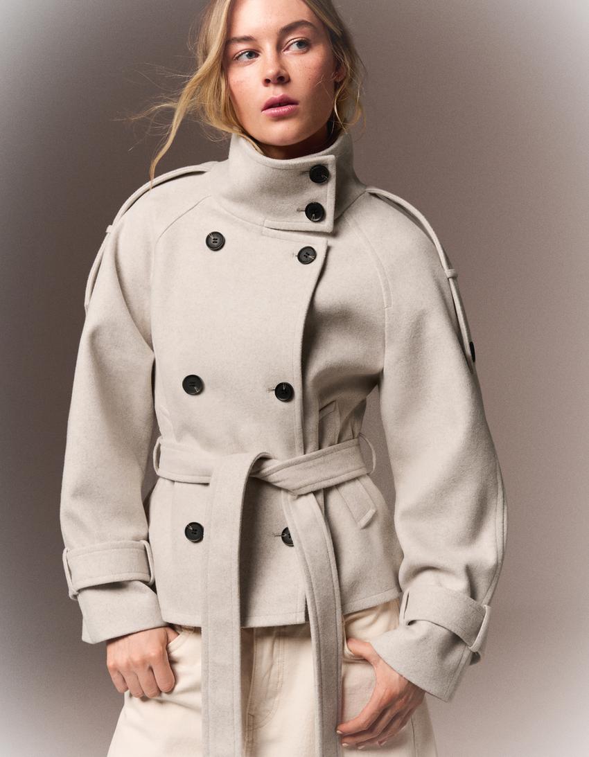 Women's Funnel Neck Double Breasted Short Trench Coat