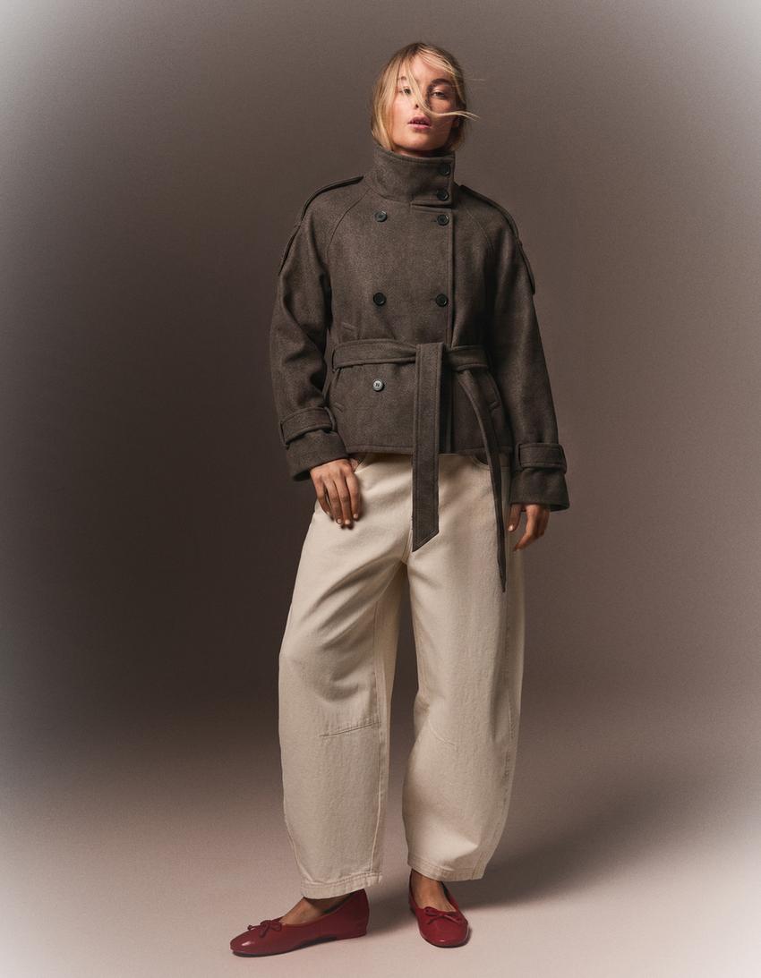 Women's Funnel Neck Double Breasted Short Trench Coat