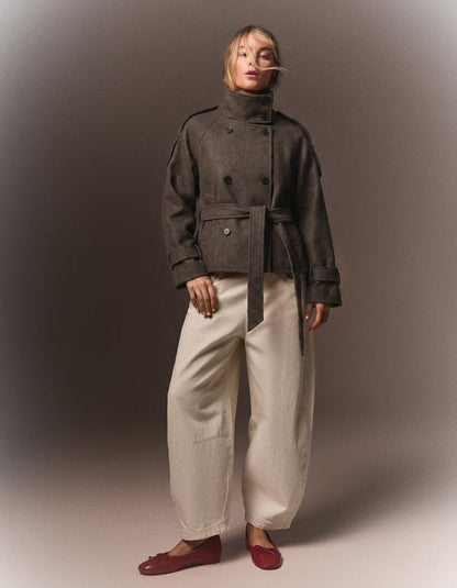 Women's Funnel Neck Double Breasted Short Trench Coat