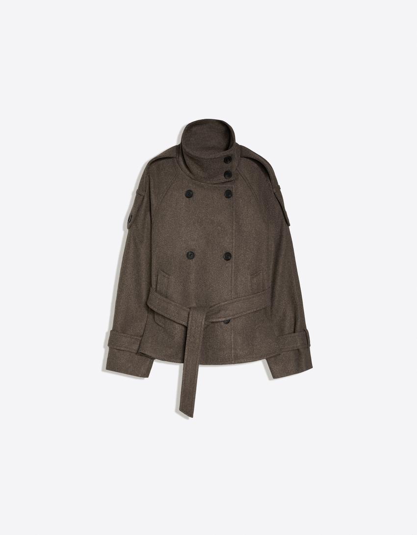 Women's Funnel Neck Double Breasted Short Trench Coat