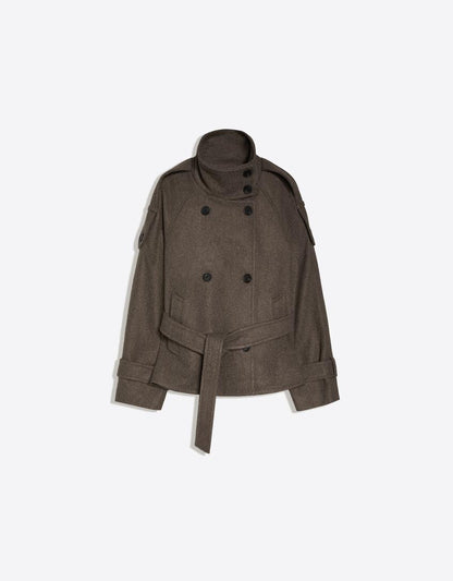 Women's Funnel Neck Double Breasted Short Trench Coat