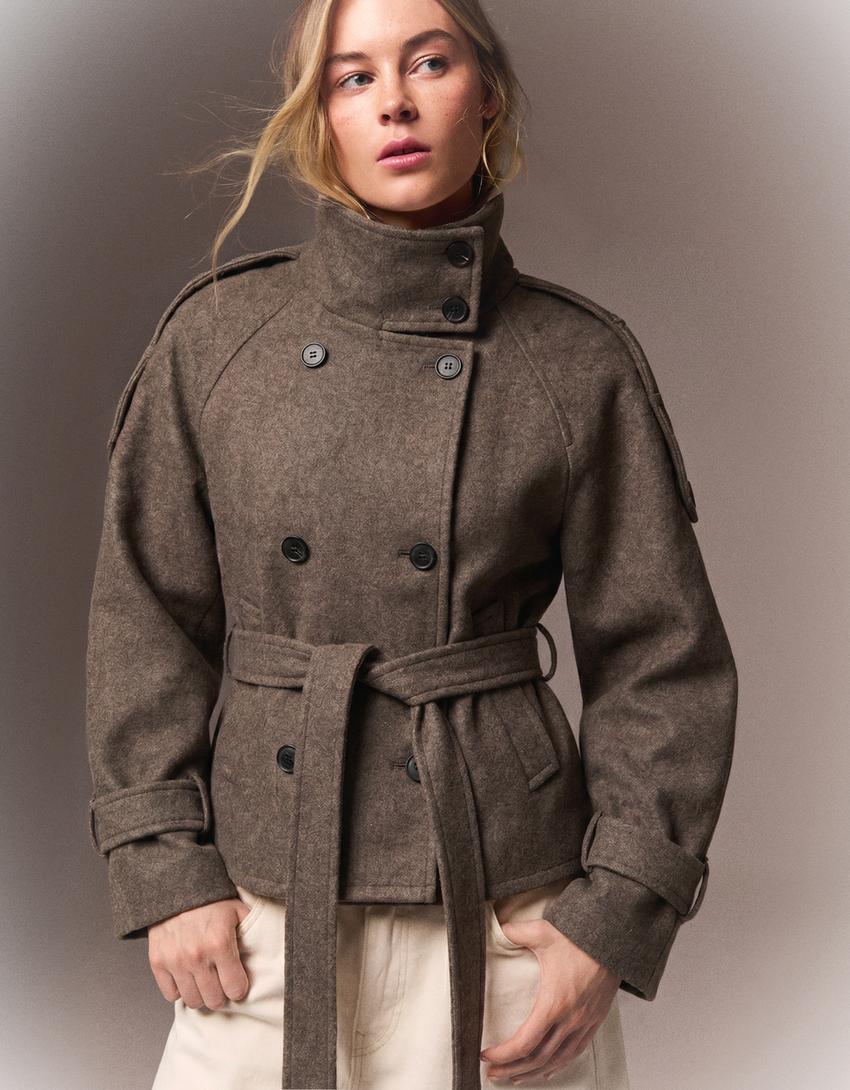 Women's Funnel Neck Double Breasted Short Trench Coat