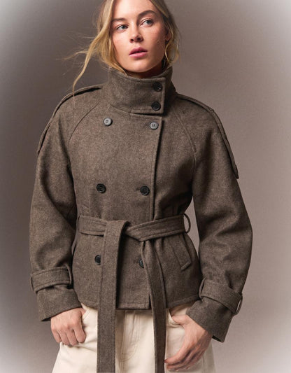 Women's Funnel Neck Double Breasted Short Trench Coat