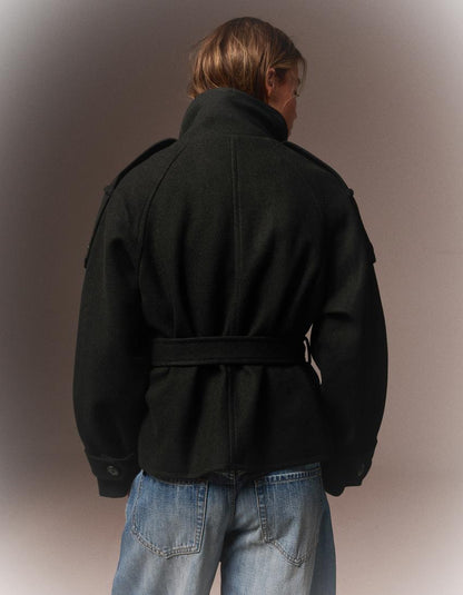 Women's Funnel Neck Double Breasted Short Trench Coat