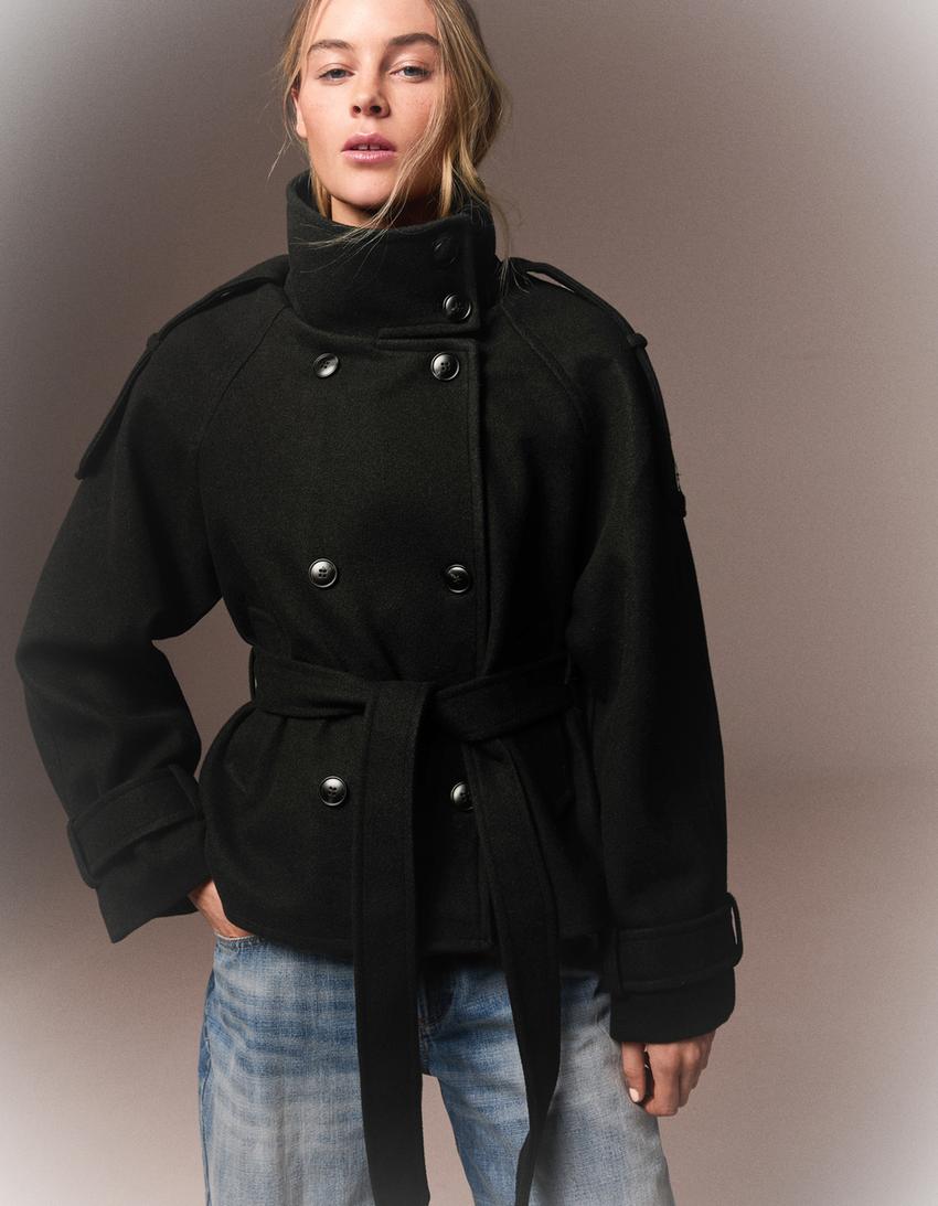 Women's Funnel Neck Double Breasted Short Trench Coat