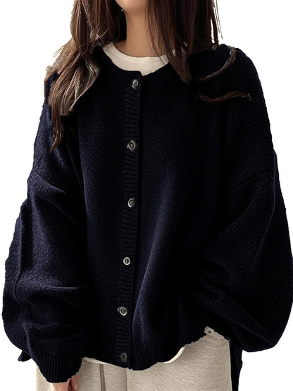 Loose Round Neck Knit Cardigan & Basic Button‑Up Lantern‑Sleeve Outer Top